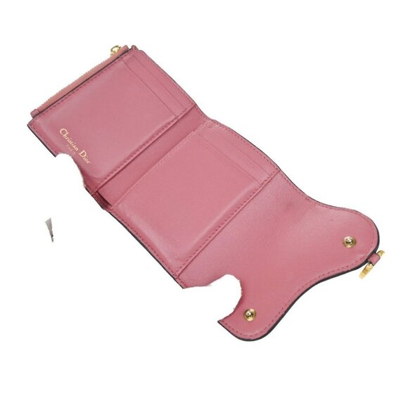 CHRISTIAN DIOR Logo Saddle Trifold Compact Wallet Leather Pink GHW Italy - Picture 12 of 13
